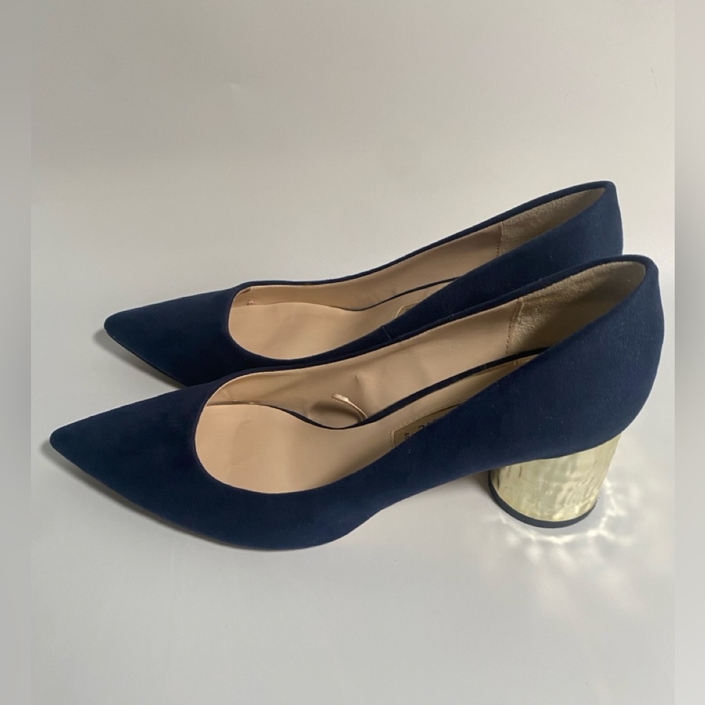 ZARA LAMINATED PUMPS SHOES Block Heel Navy Blue/Gold Heel - Picture 5 of 9